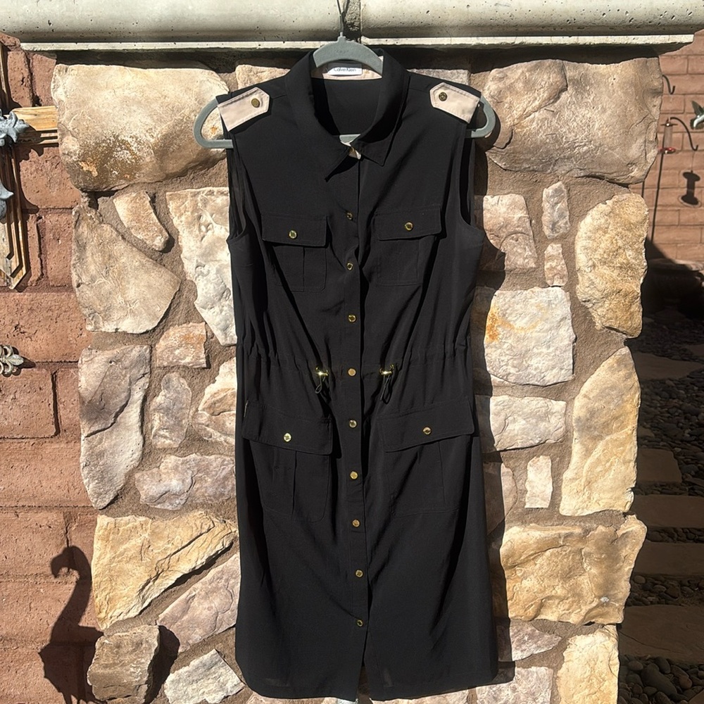 Calvin Klein Black Button Down Dress Sleeveless Gold Buttons Size 10